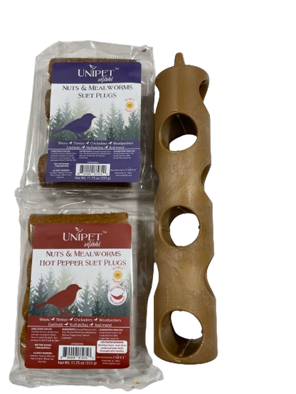 Unipet™ Nuts & Mealworm Suet Plugs (Regular & Hot Pepper) + Feeder